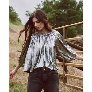 The Great Palmette Top Womens Size 1 Metallic Silver Luxury Glam Flowy Small